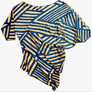 Misope size s/m unique style dressy shirt navy blue & gold stripes 3/4 sleeve